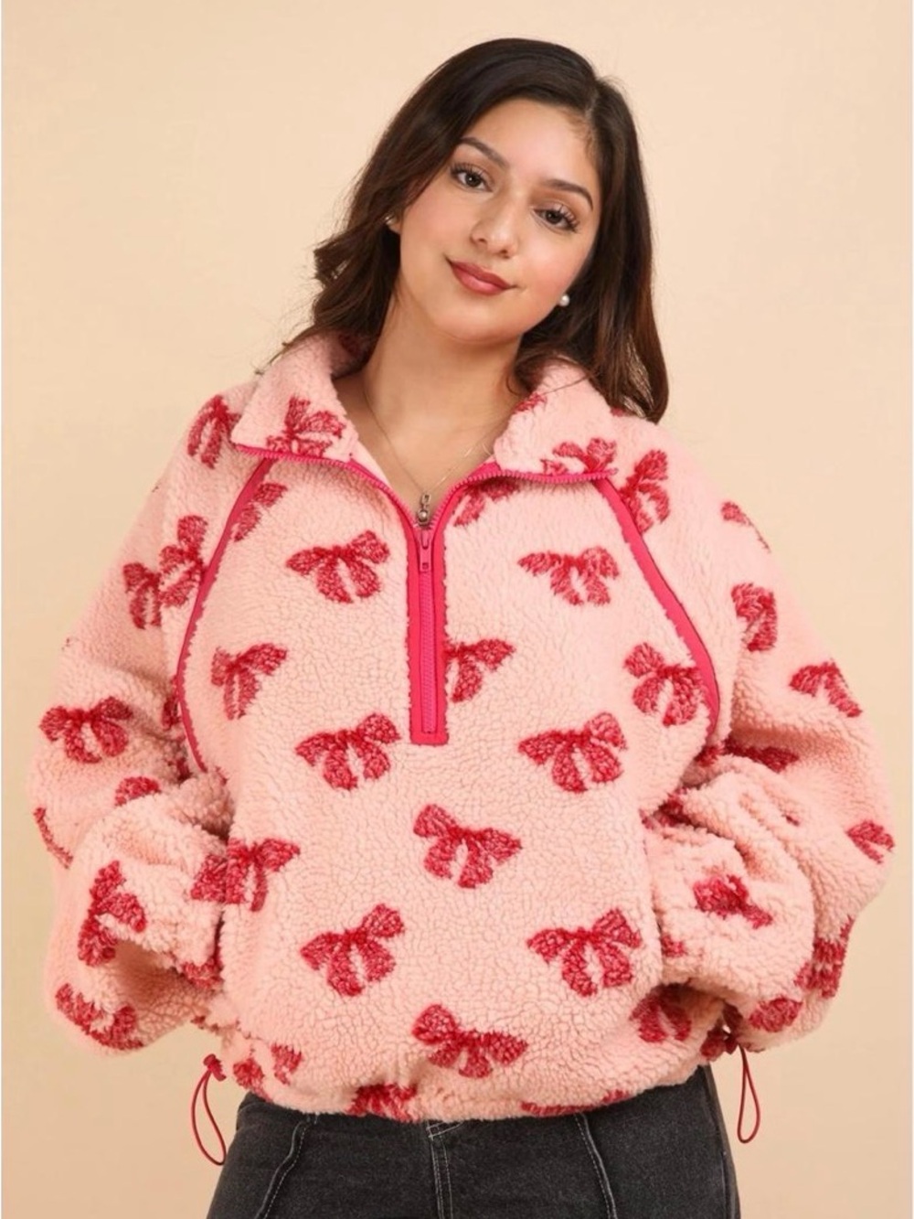 Oversized Pink Bow Sherpa Teddy Pullover